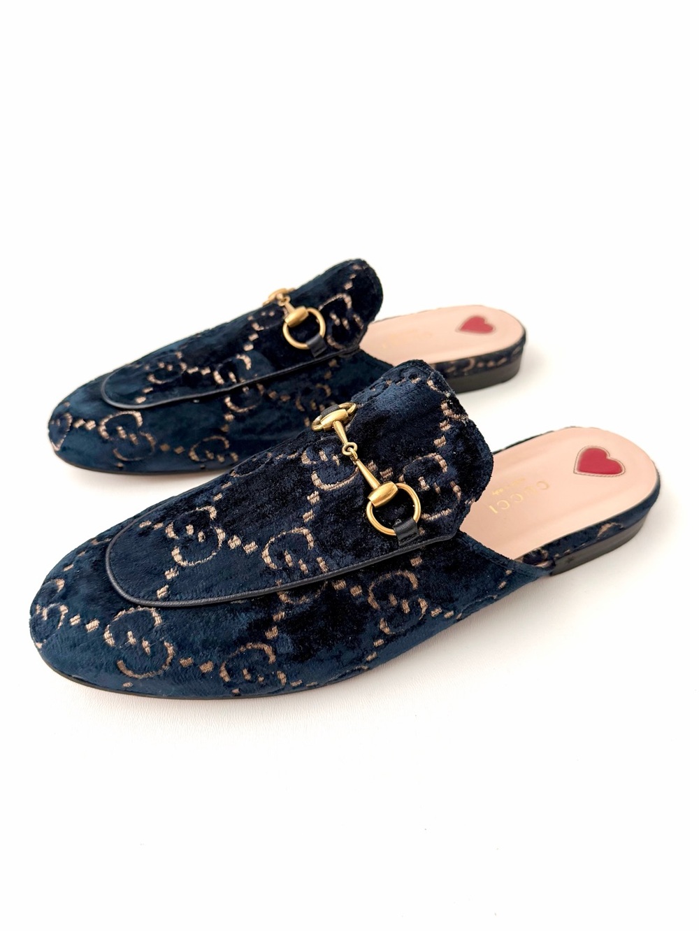 GUCCI | Princetown GG Velvet Horsebit Mules Flats Slippers Navy Blue Gold EU 39